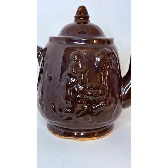 Rockingham Teapot-Rebecca at the Well Relief Raised Clay Brown Glaze Antique 7" - Picture 2 of 16
